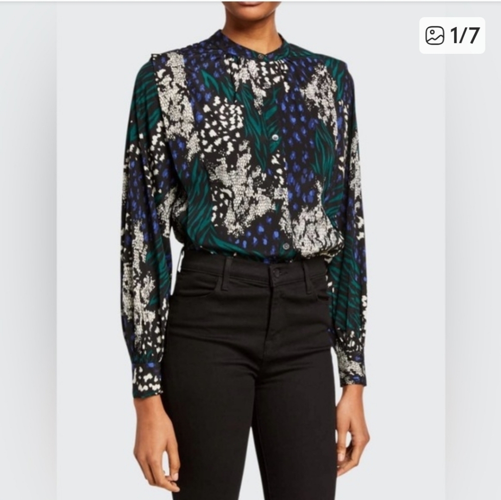 Veronica Beard Buckley Floral Silk Blouse Green Black Size 00 Loose Fit Preppy - Picture 12 of 13